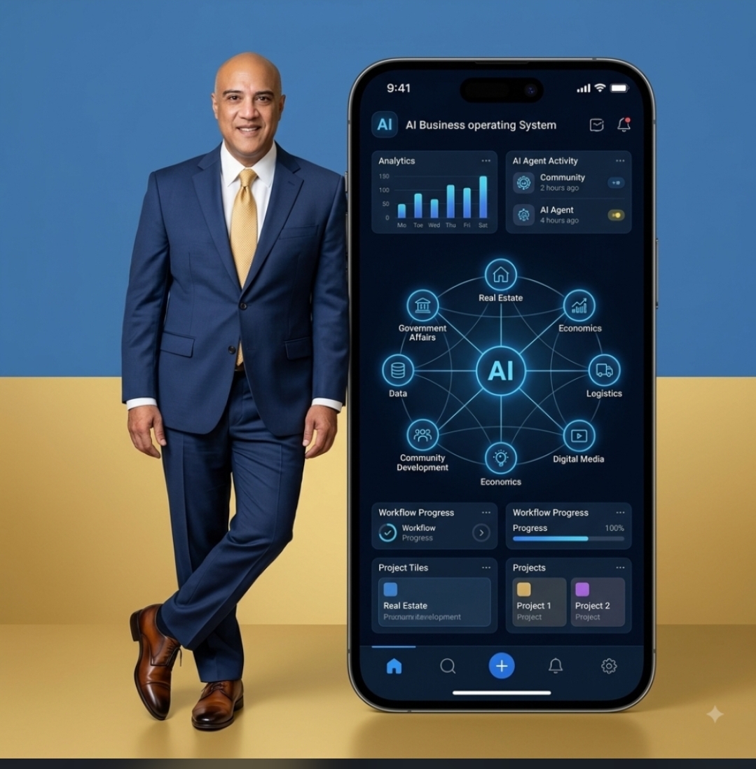Ron Mazier beside a phone showing an AI business operating system dashboard